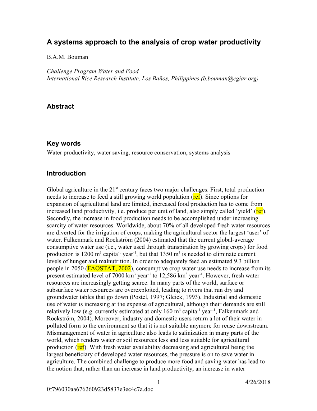 A Systems Approach to the Analysis of Crop Water Productivity