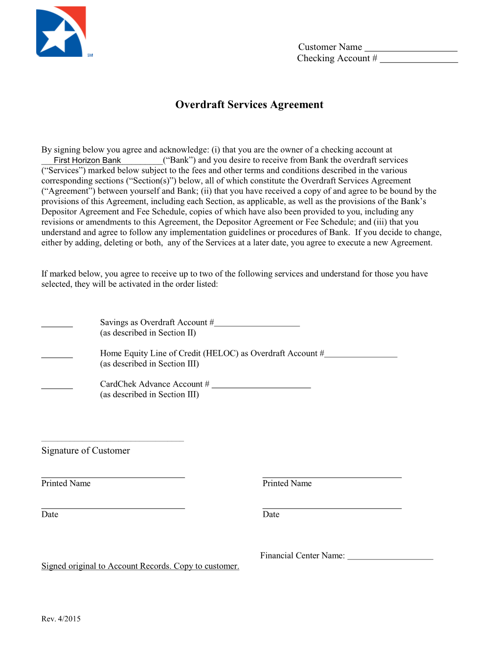 Overdraft Services Agreement