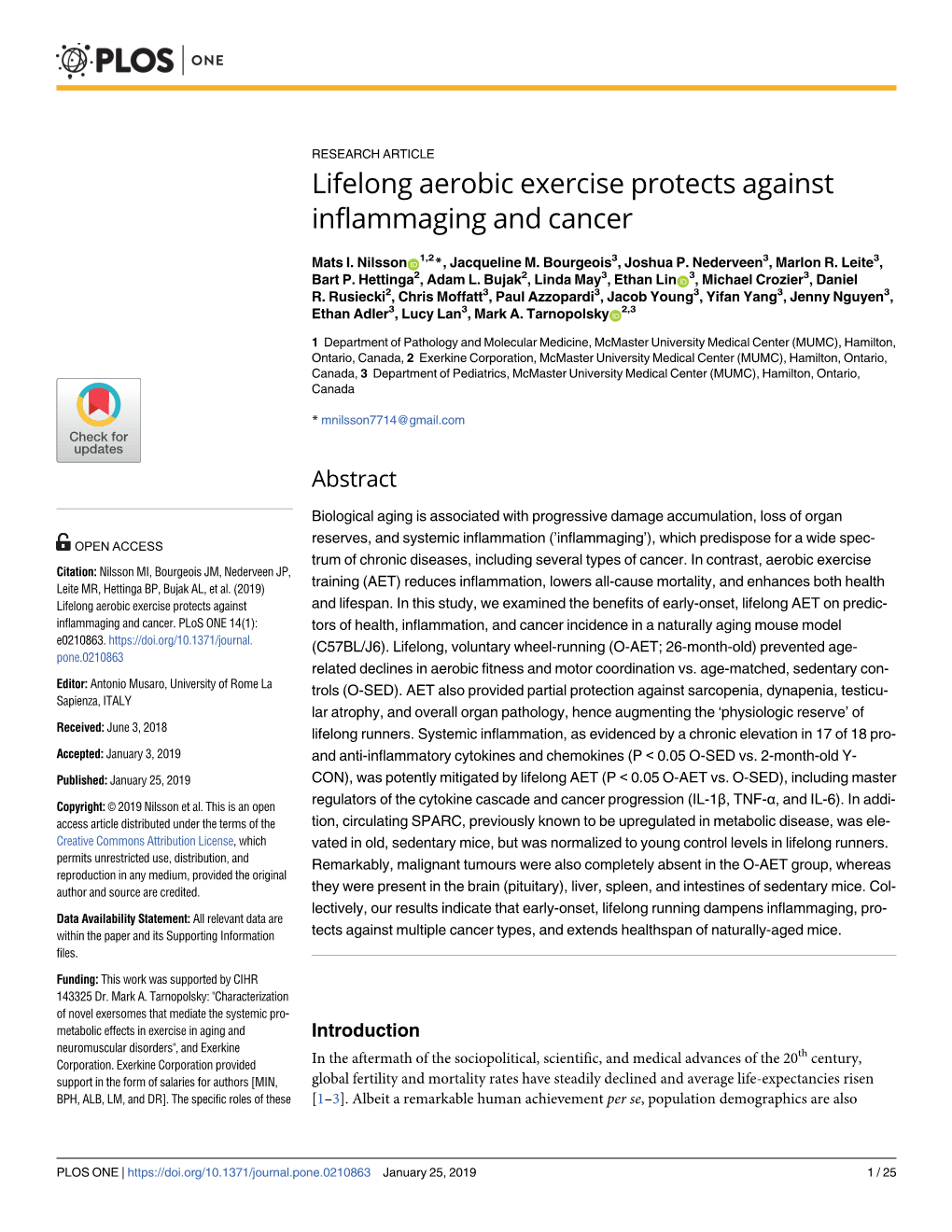 Lifelong Aerobic Exercise Protects Against Inflammaging and Cancer