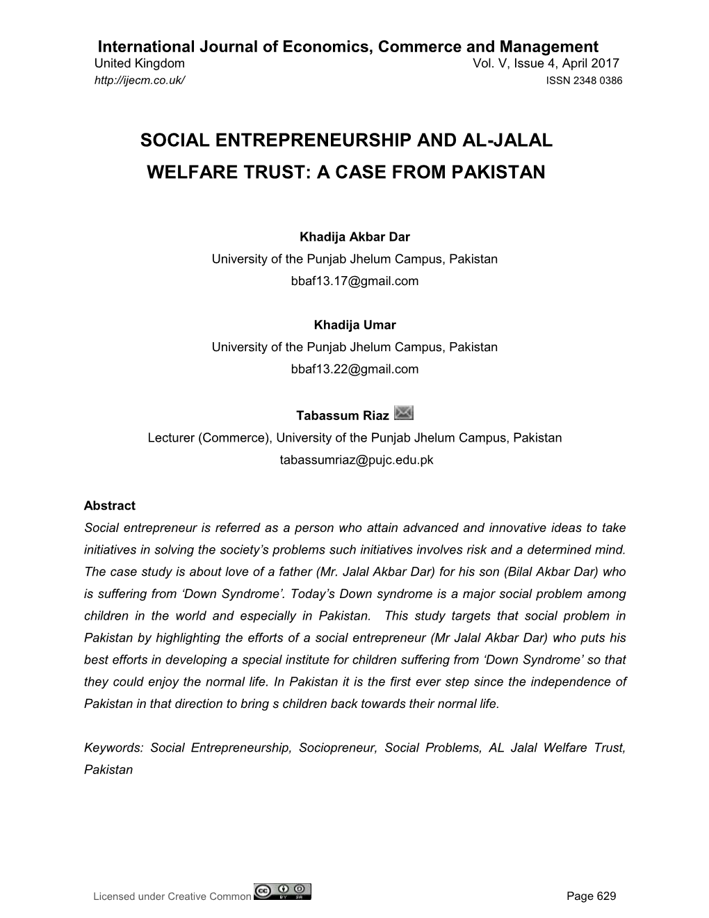Social Entrepreneurship and Al-Jalal Welfare Trust: a Case from Pakistan