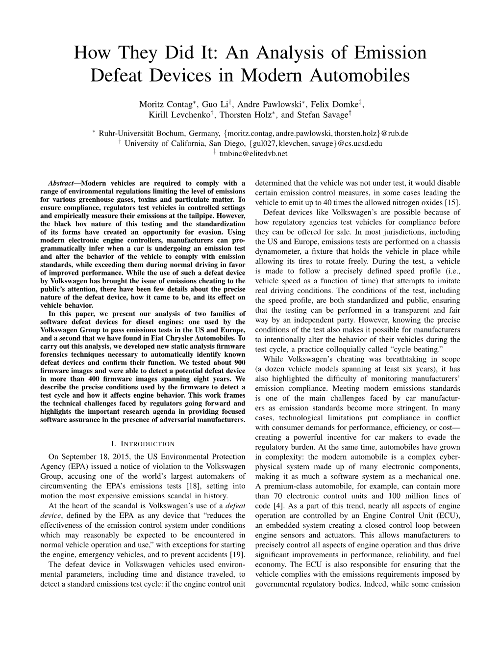 How They Did It: an Analysis of Emission Defeat Devices in Modern Automobiles