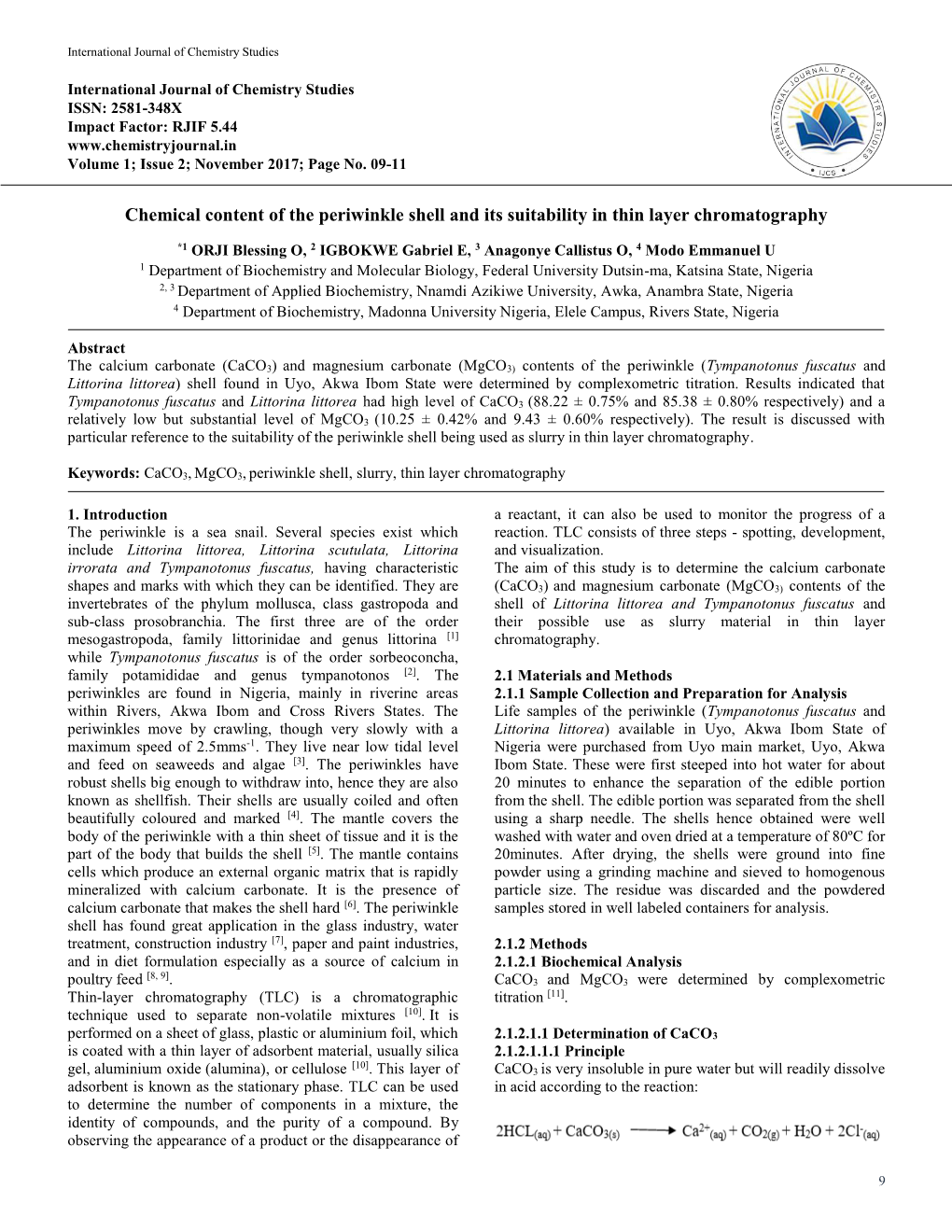 Chemical Content of the Periwinkle Shell and Its Suitability in Thin Layer Chromatography