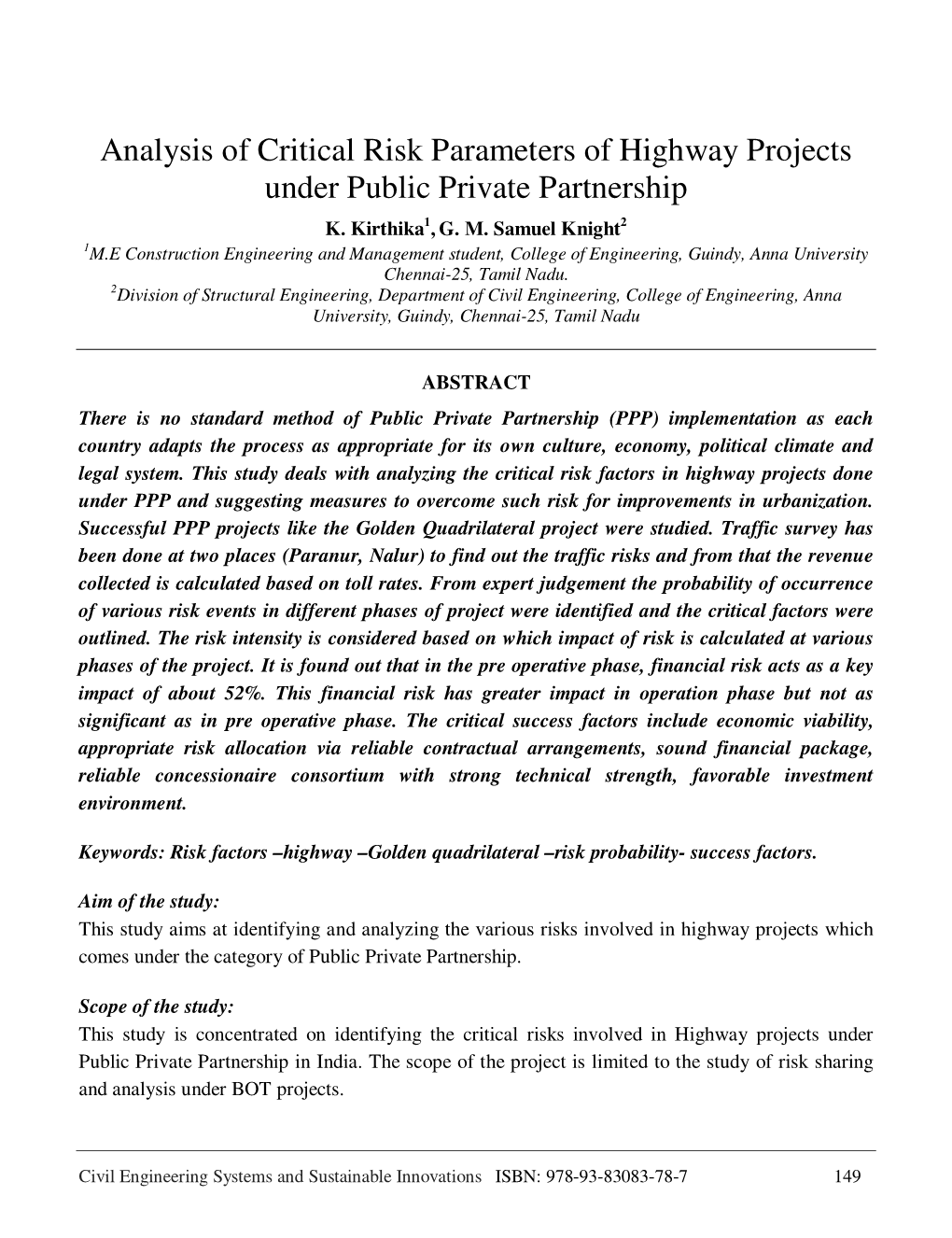 Analysis of Critical Risk Parameters of Highway Projects Under Public Private Partnership 1 2 K