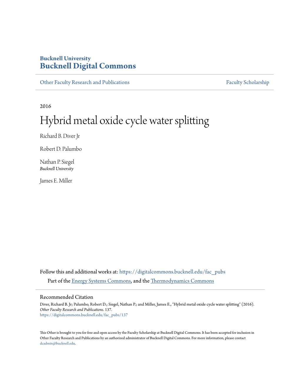 Hybrid Metal Oxide Cycle Water Splitting Richard B