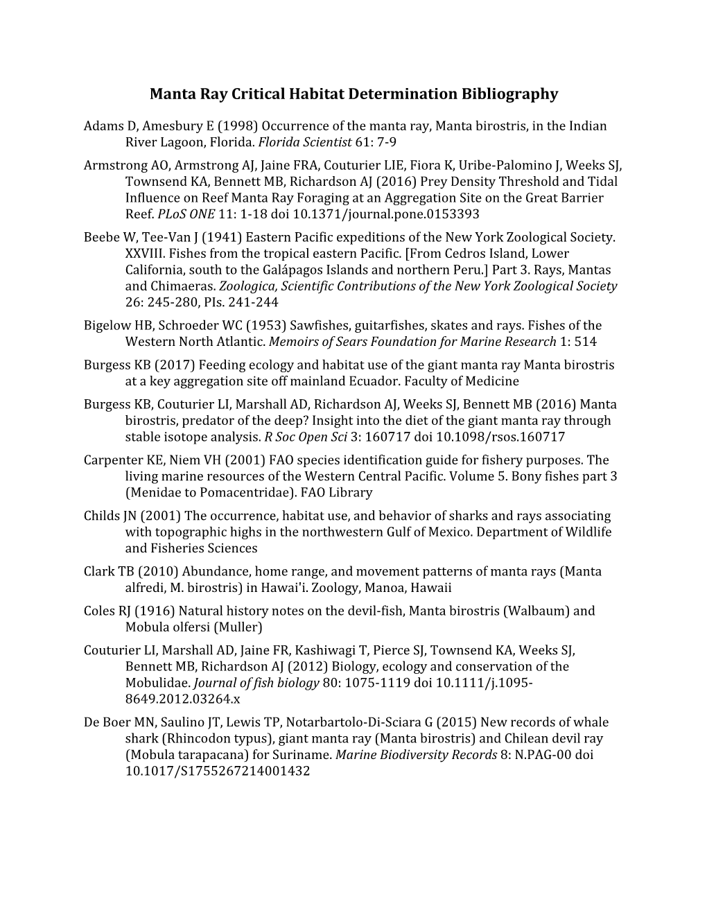 Manta Ray Critical Habitat Determination Bibliography