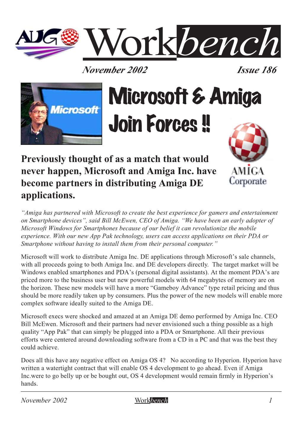 Workbench November 2002 Issue 186 Microsoft & Amiga Join Forces !!