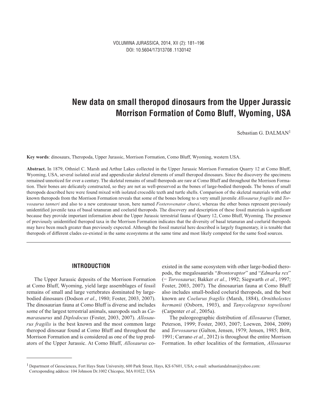 New Data on Small Theropod Dinosaurs from the Upper Jurassic Morrison Formation of Como Bluff, Wyoming, USA