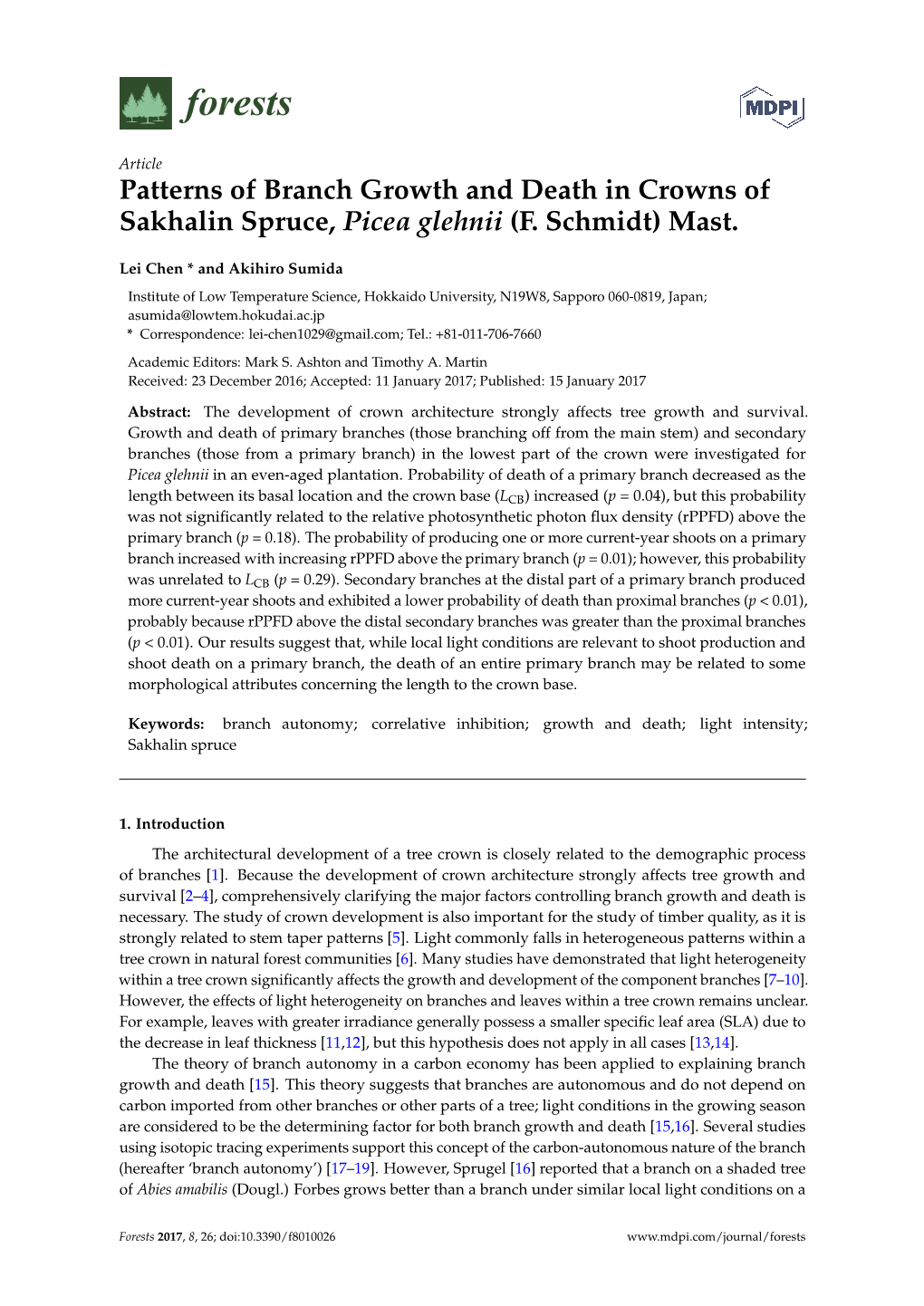 Patterns of Branch Growth and Death in Crowns of Sakhalin Spruce, Picea Glehnii (F