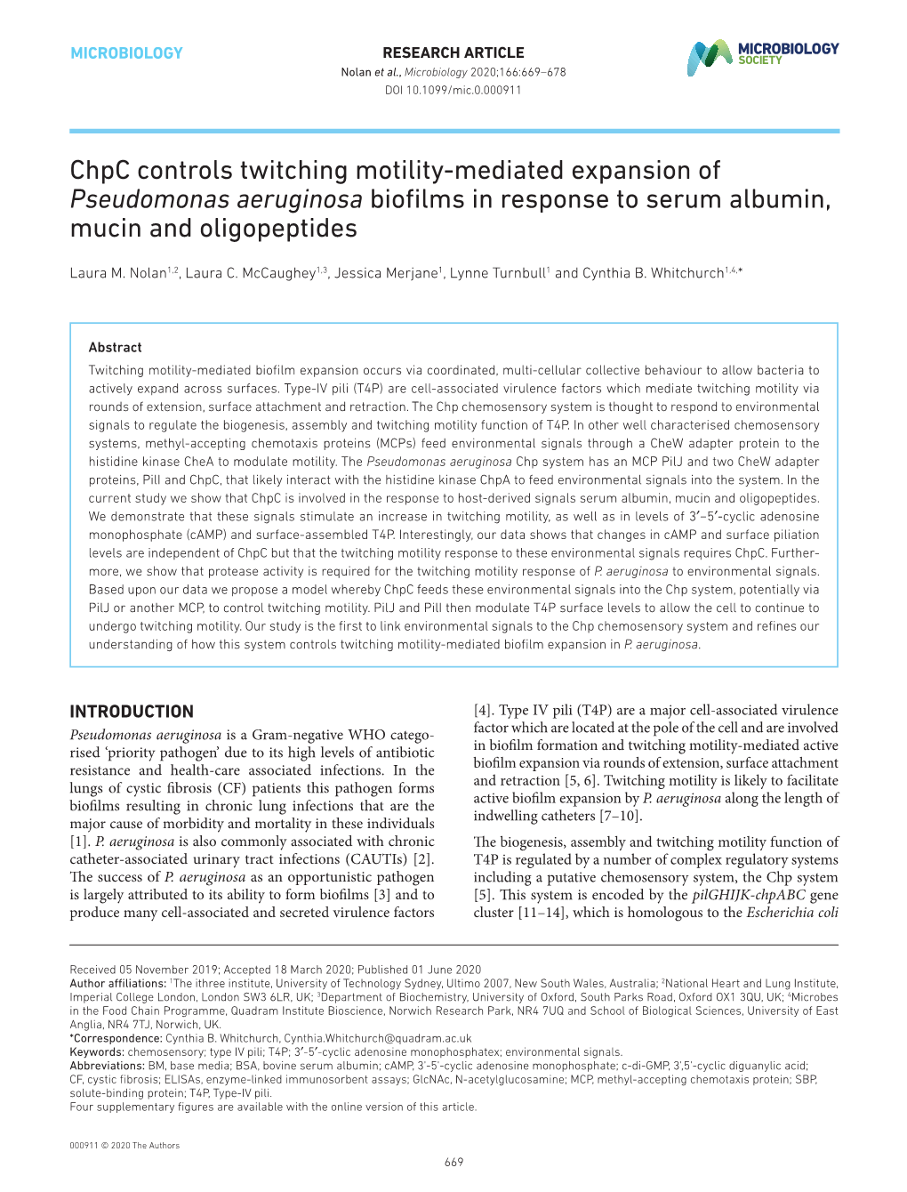 Chpc Controls Twitching Motility-­Mediated Expansion of Pseudomonas Aeruginosa Biofilms in Response to Serum Albumin, Mucin and Oligopeptides