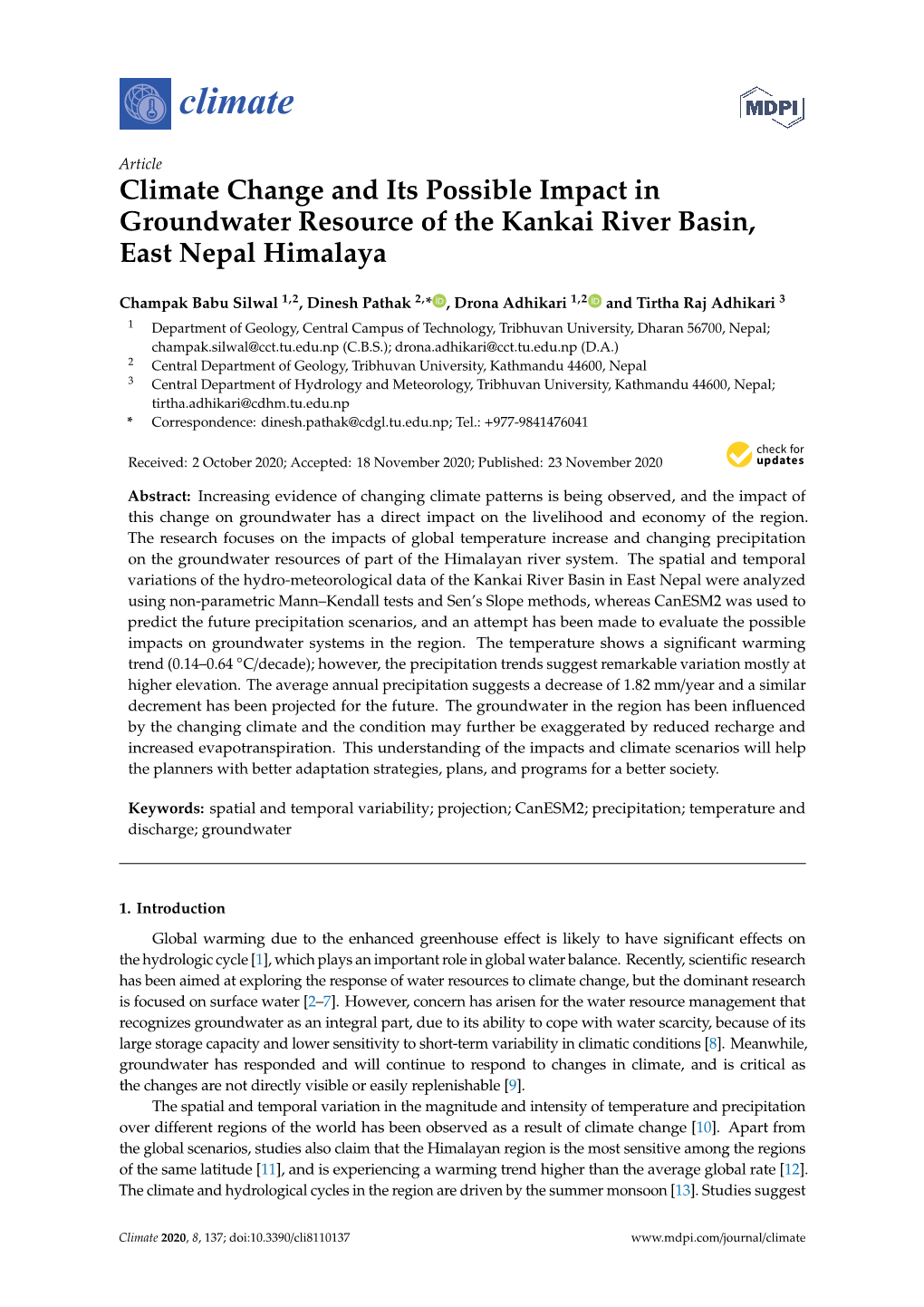 Climate Change and Its Possible Impact in Groundwater Resource of the Kankai River Basin, East Nepal Himalaya