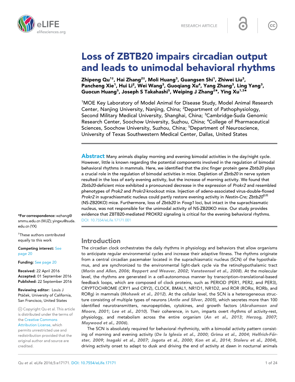 Loss of ZBTB20 Impairs Circadian Output and Leads to Unimodal