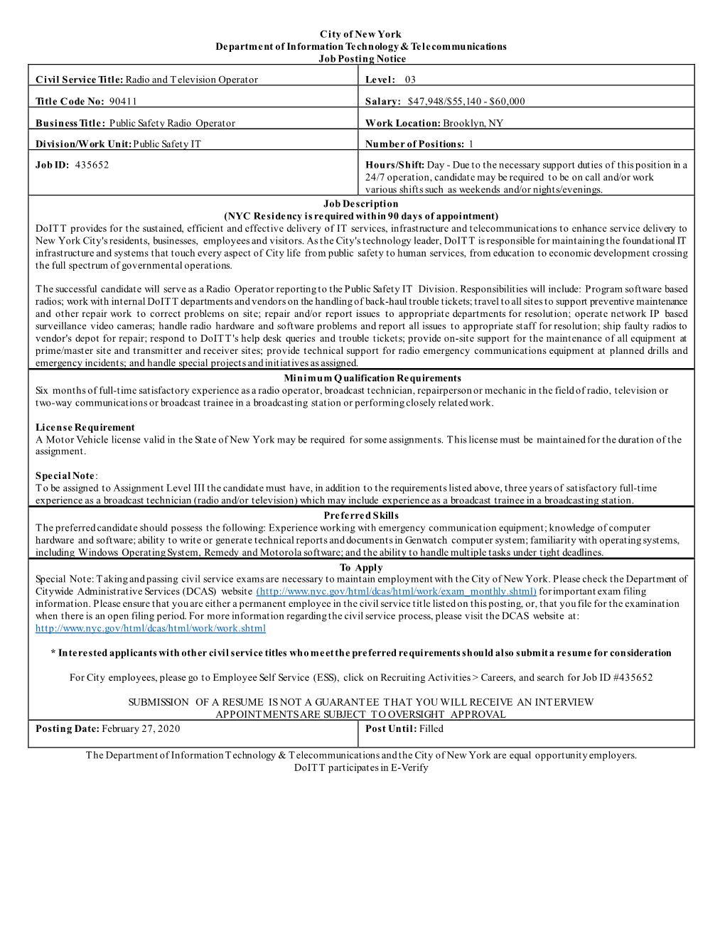 Public Safety Radio Operator Work Location: Brooklyn, NY