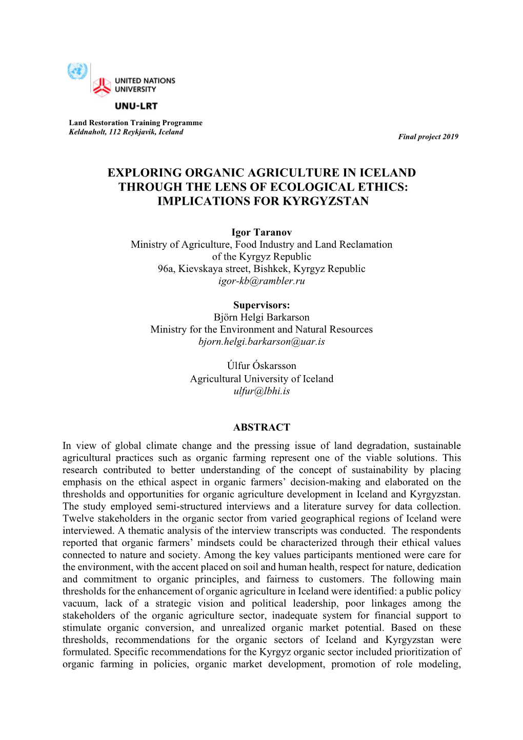 Exploring Organic Agriculture in Iceland Through the Lens of Ecological Ethics: Implications for Kyrgyzstan