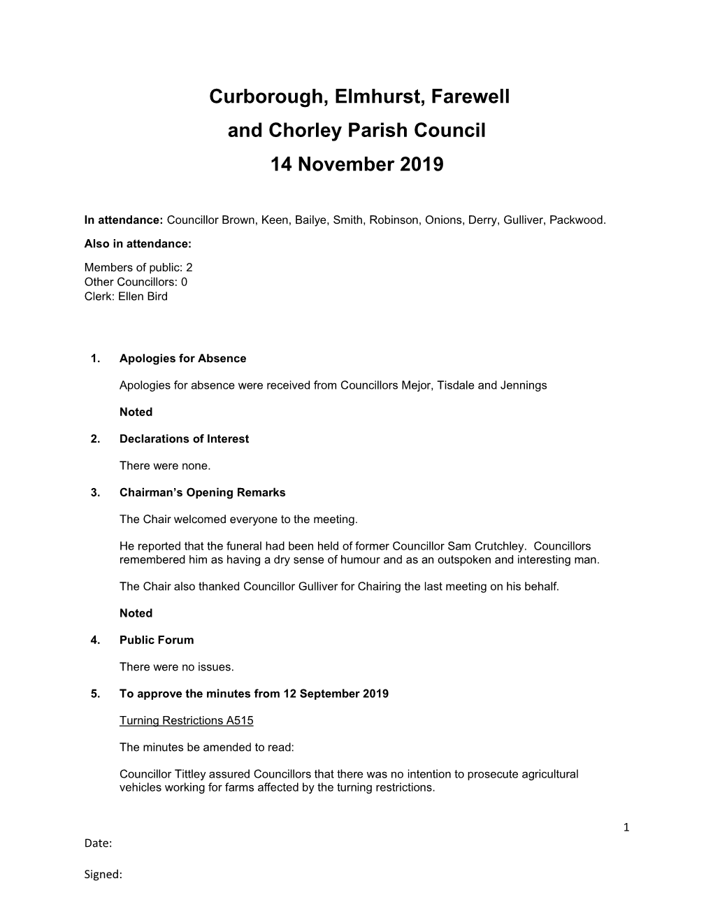 Curborough, Elmhurst, Farewell and Chorley Parish Council 14 November 2019