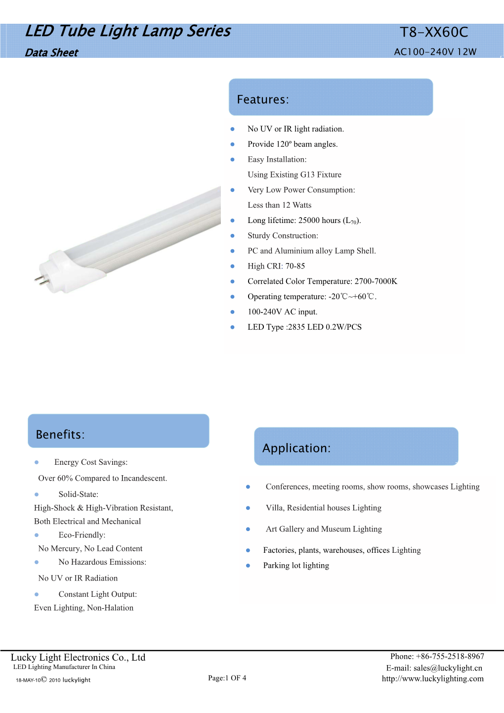 LED Tube Light Lamp Series T8-XX60C AC100-240V 12W Data Sheet