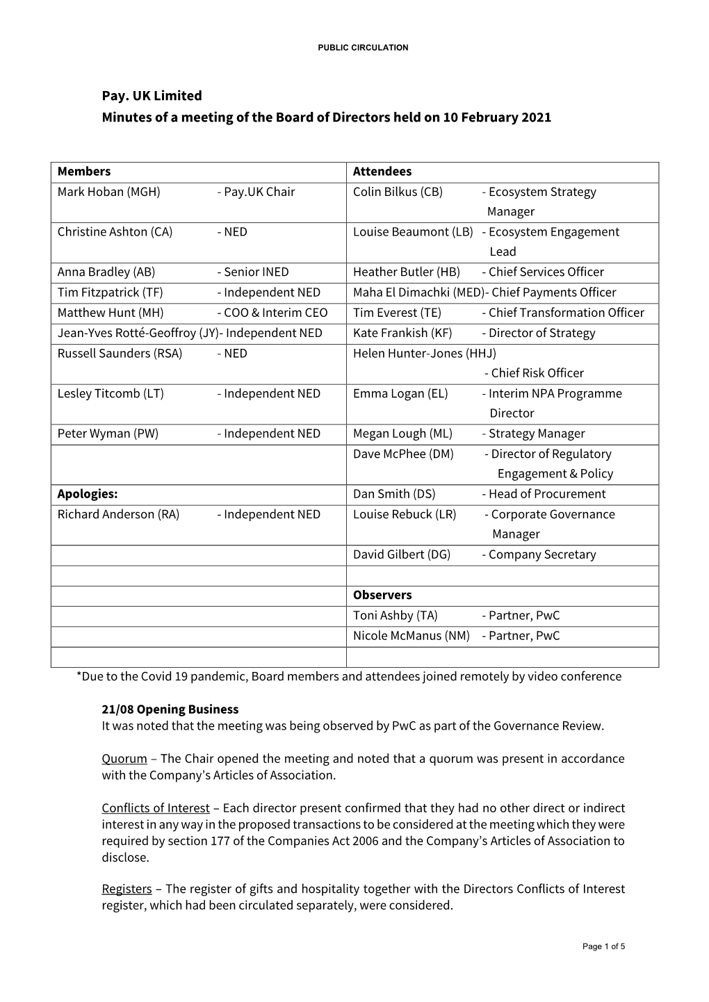 Pay. UK Limited Minutes of a Meeting of the Board of Directors Held on 10 February 2021