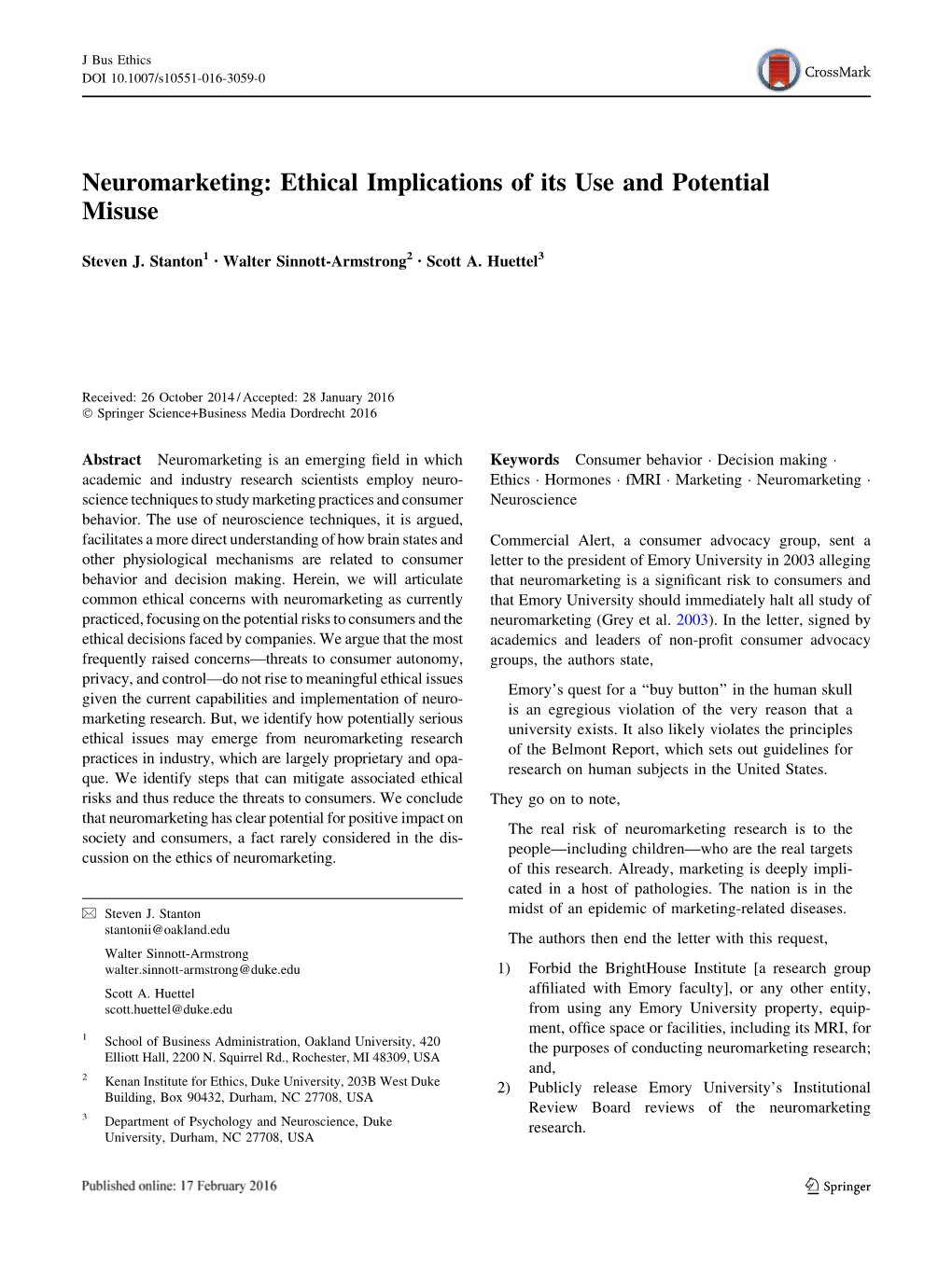 Neuromarketing: Ethical Implications of Its Use and Potential Misuse