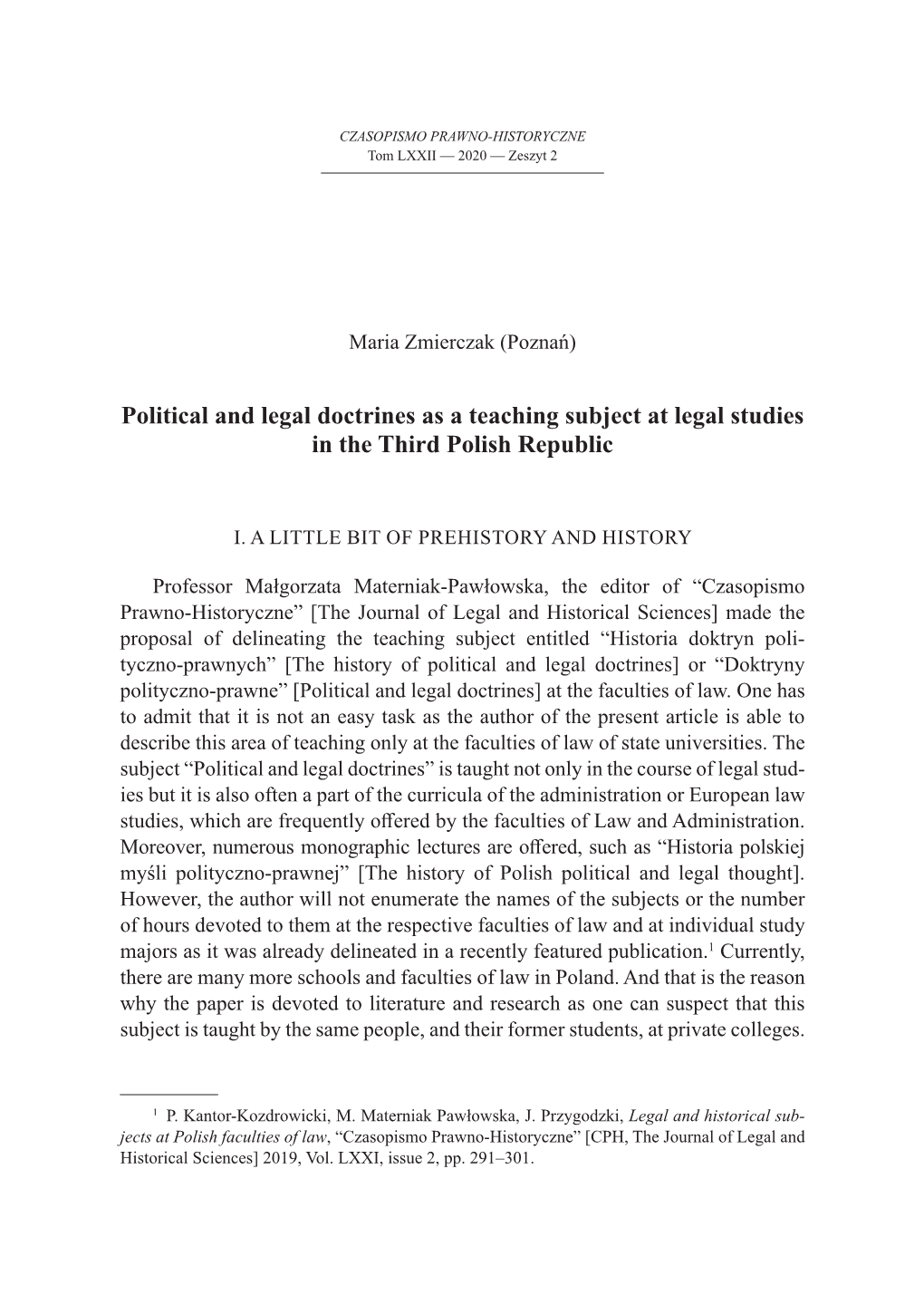 Political and Legal Doctrines As a Teaching Subject at Legal Studies in the Third Polish Republic