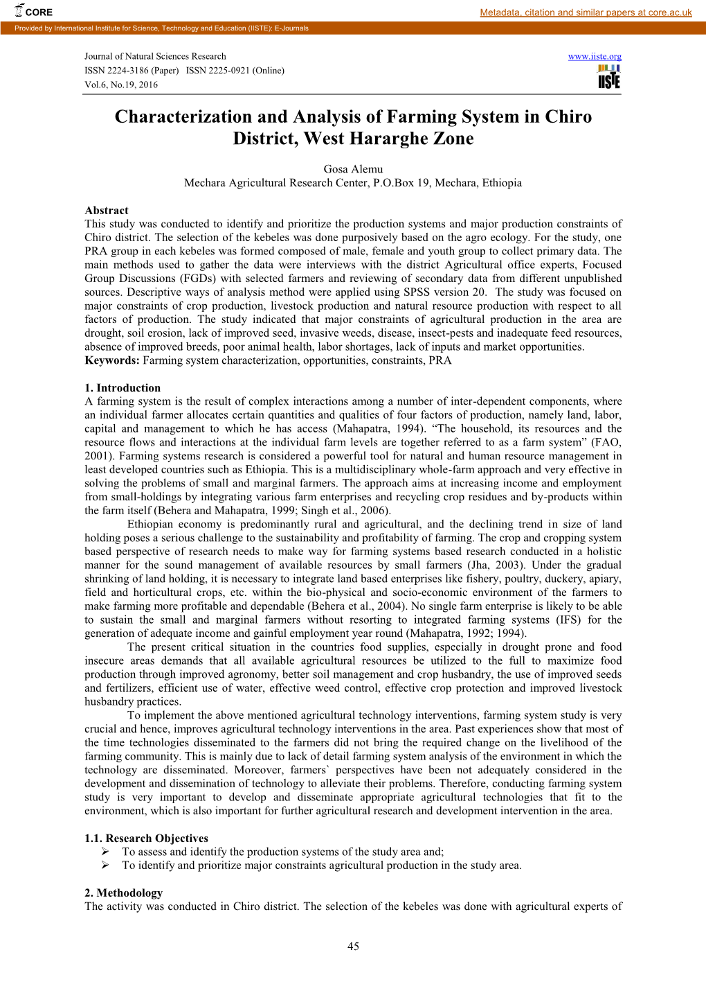 Characterization and Analysis of Farming System in Chiro District, West Hararghe Zone