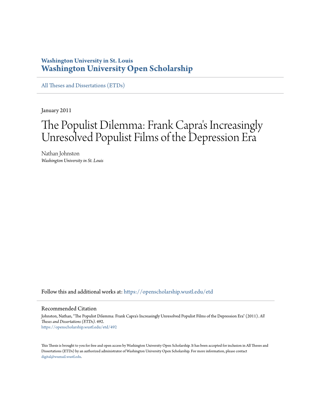 Frank Capra's Increasingly Unresolved Populist Films of the Depression Era Nathan Johnston Washington University in St