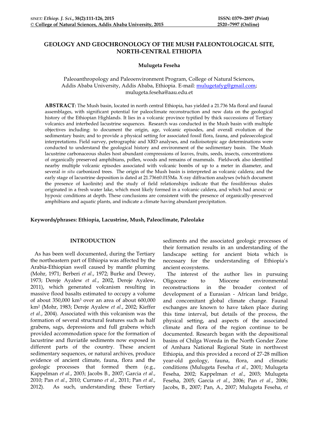 Geology and Geochronology of the Mush Paleontological Site, North-Central Ethiopia