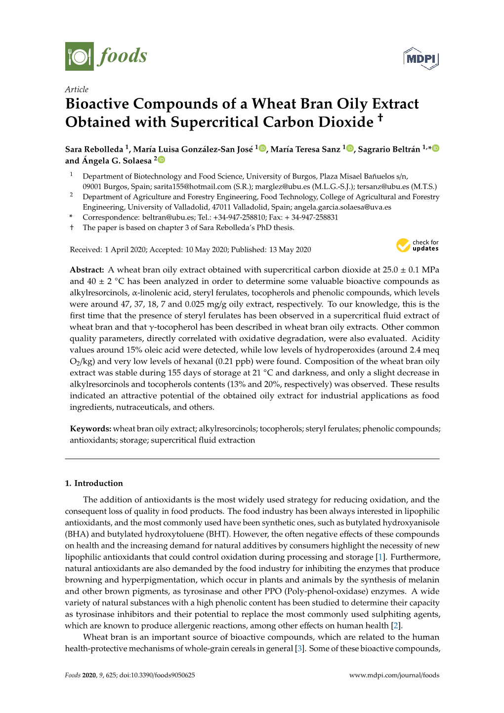 Bioactive Compounds of a Wheat Bran Oily Extract Obtained