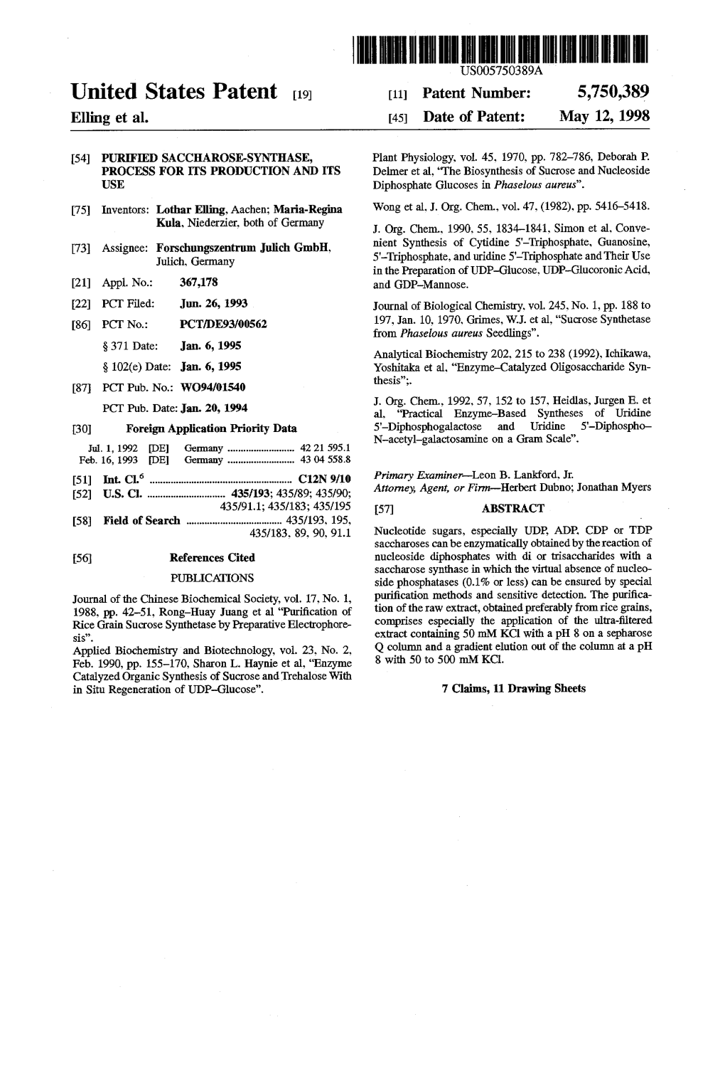 United States Patent (19) 11 Patent Number: 5,750,389 Elling Et Al