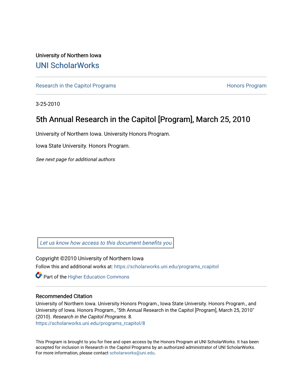 5Th Annual Research in the Capitol [Program], March 25, 2010