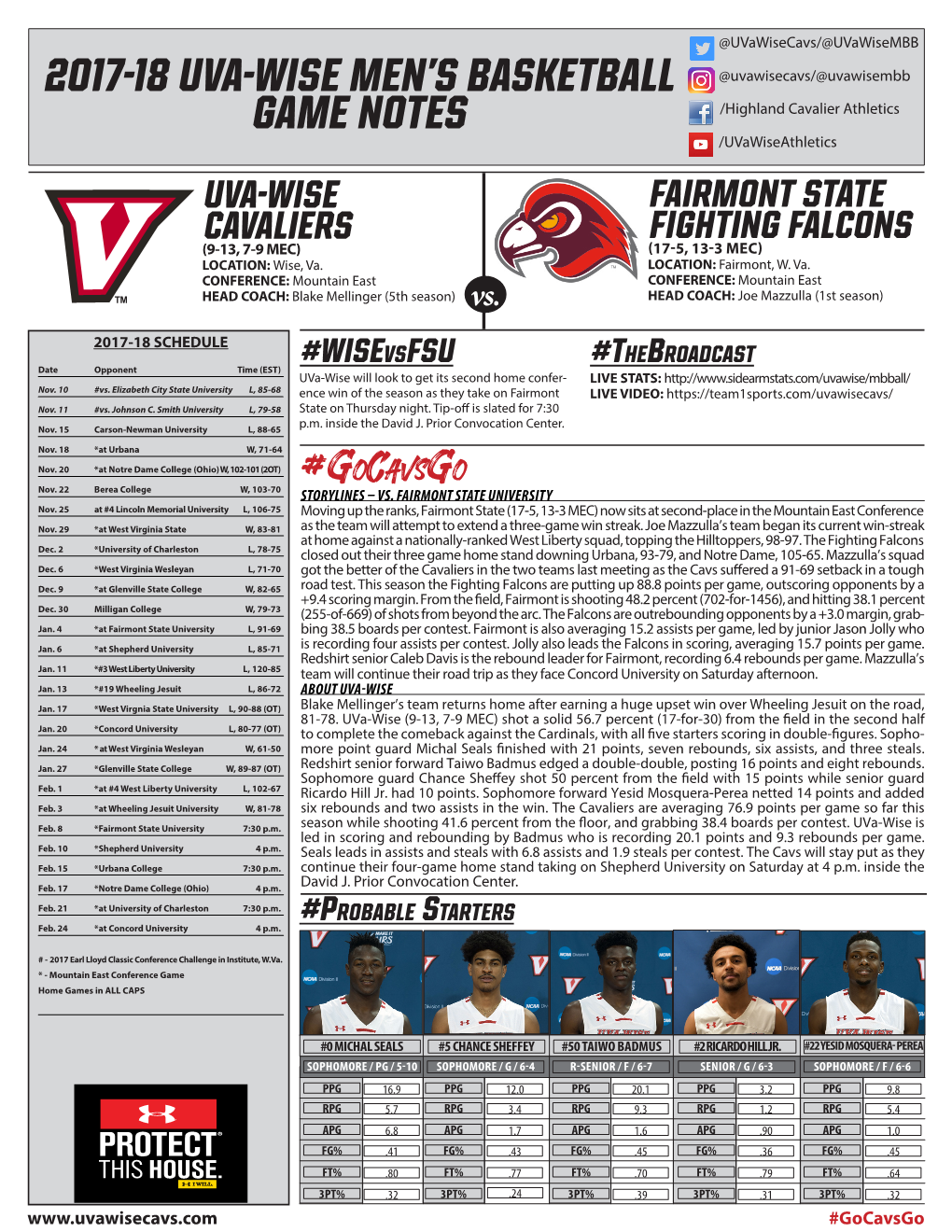 2017-18 Uva-Wise Men's Basketball Game Notes