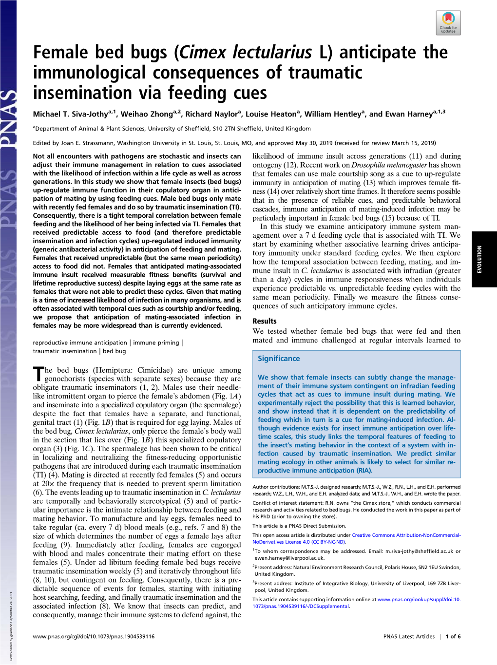 Female Bed Bugs (Cimex Lectularius L) Anticipate the Immunological Consequences of Traumatic Insemination Via Feeding Cues