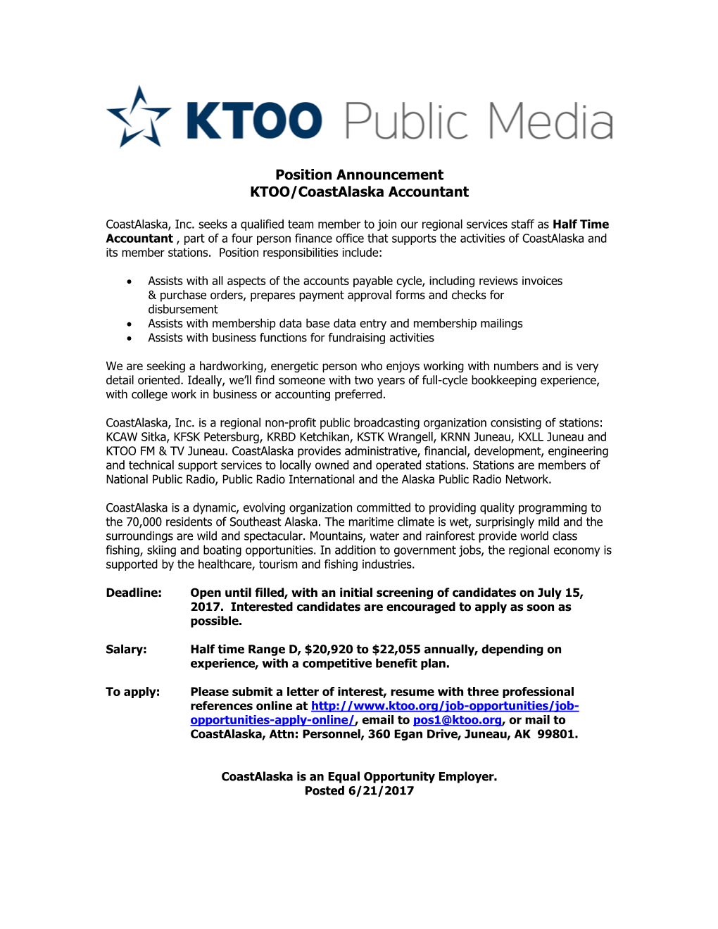 Position Announcement KTOO/Coastalaska Accountant