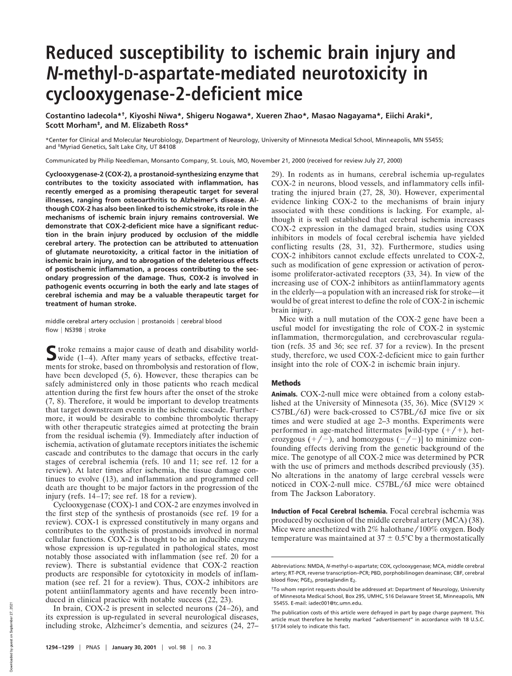 Reduced Susceptibility to Ischemic Brain Injury and N-Methyl-D-Aspartate-Mediated Neurotoxicity in Cyclooxygenase-2-Deficient Mice