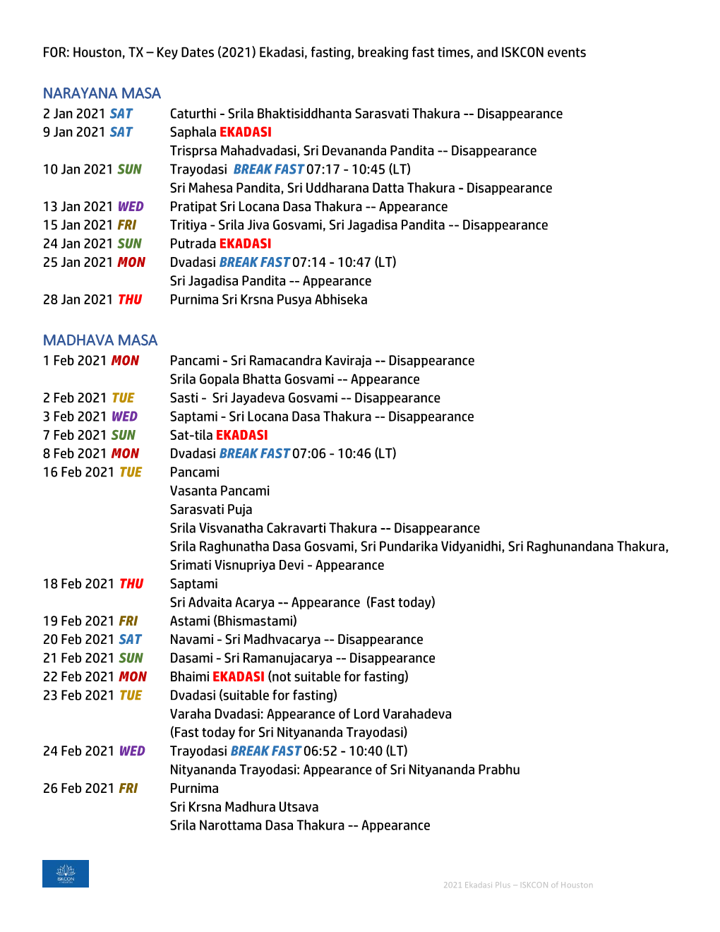 2021 Key Events Calendar