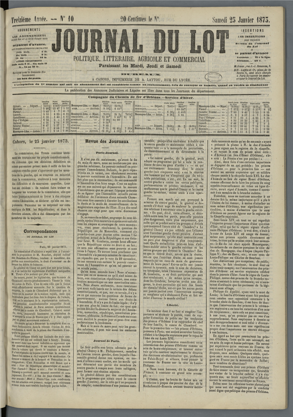 Treizième Année. 30 Centimes Le ^ Samedi 25 Janvier 1873