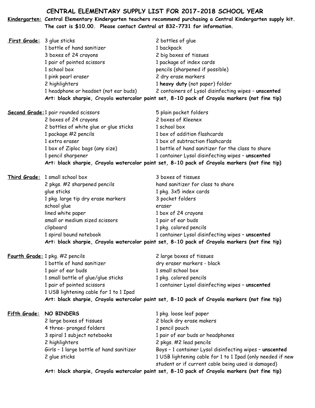 Central Elementary Supply List for 2007-08 School Year