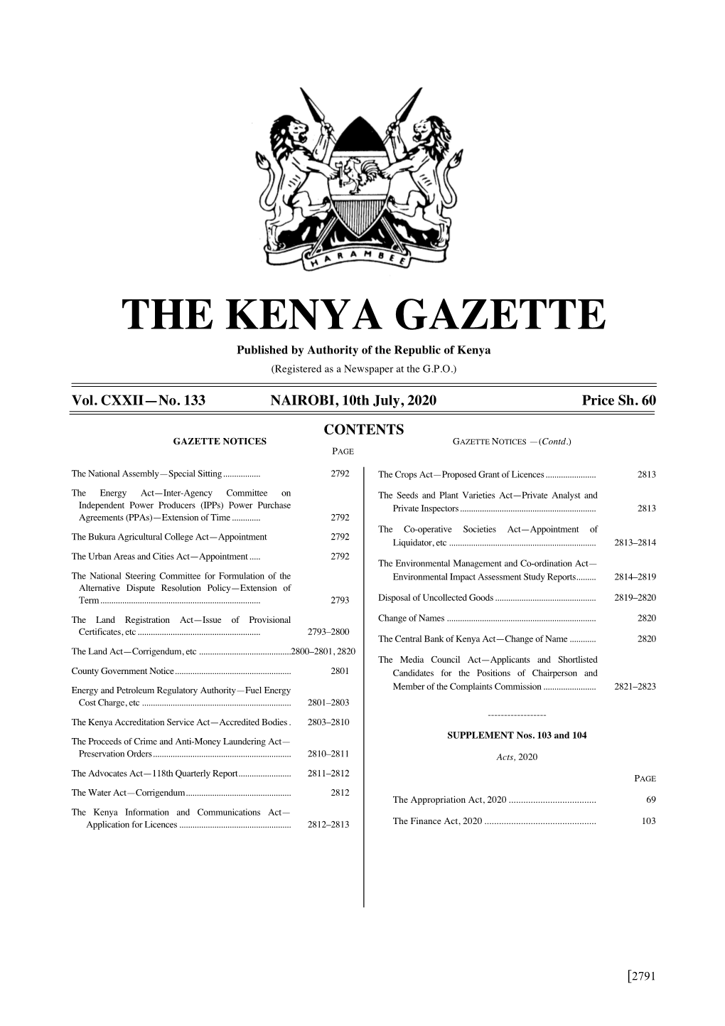 THE KENYA GAZETTE Published by Authority of the Republic of Kenya (Registered As a Newspaper at the G.P.O.)