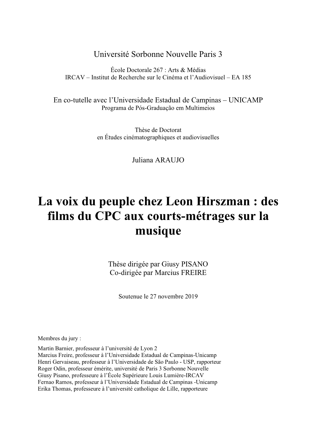 La Voix Du Peuple Chez Leon Hirszman : Des Films Du CPC Aux Courts-Métrages Sur La Musique