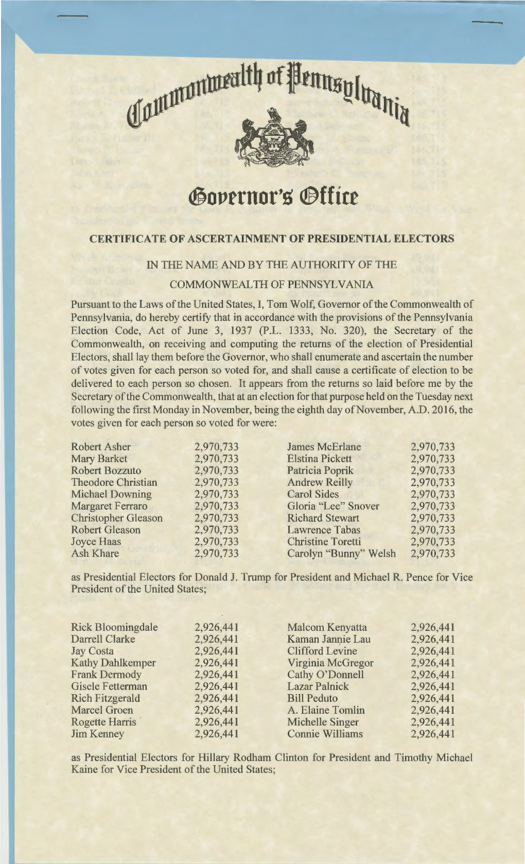 Pennsylvania Certificate of Ascertainment