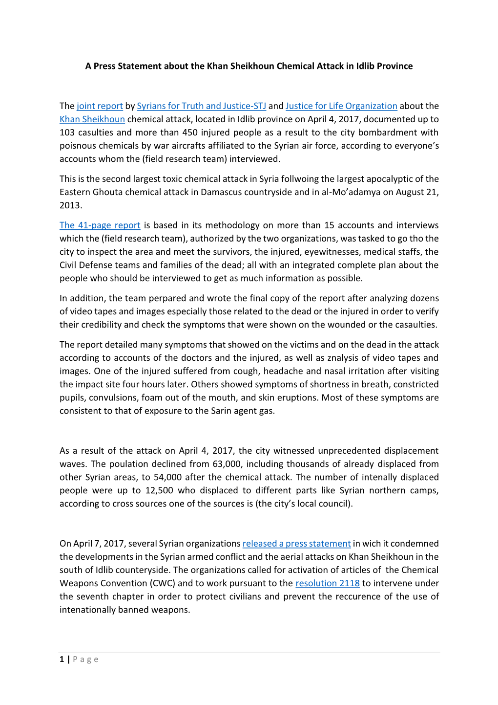 A Press Statement About the Khan Sheikhoun Chemical Attack in Idlib Province the Joint Report by Syrians for Truth and Justice-S