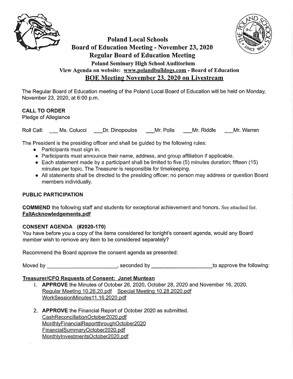 BOE Agenda for November 23, 2020