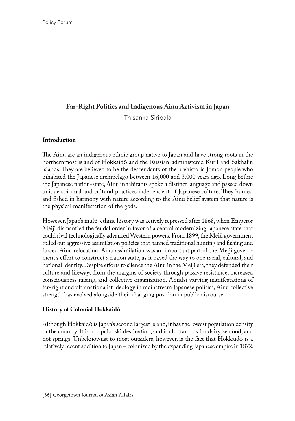 Far-Right Politics and Indigenous Ainu Activism in Japan Thisanka Siripala