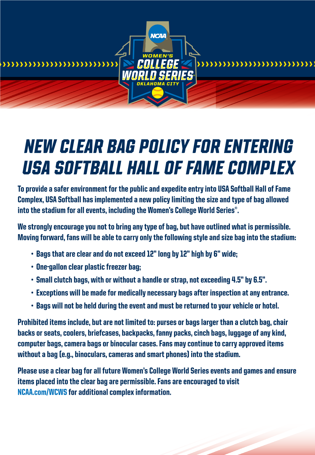 NEW CLEAR BAG POLICY for ENTERING USA Softball Hall Of
