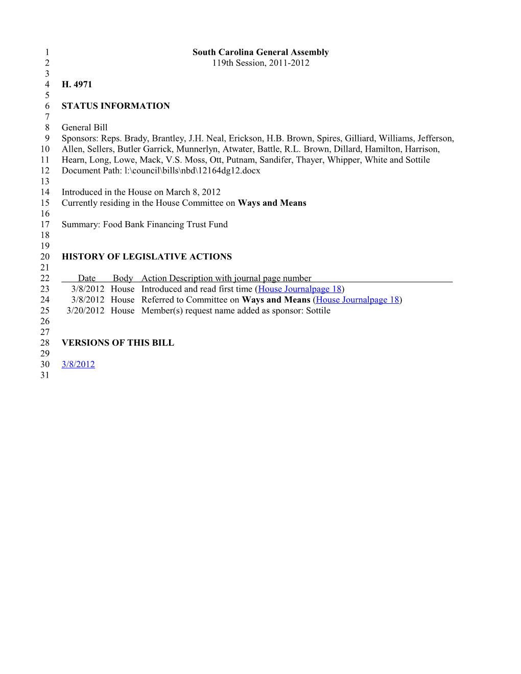 2011-2012 Bill 4971: Food Bank Financing Trust Fund - South Carolina Legislature Online