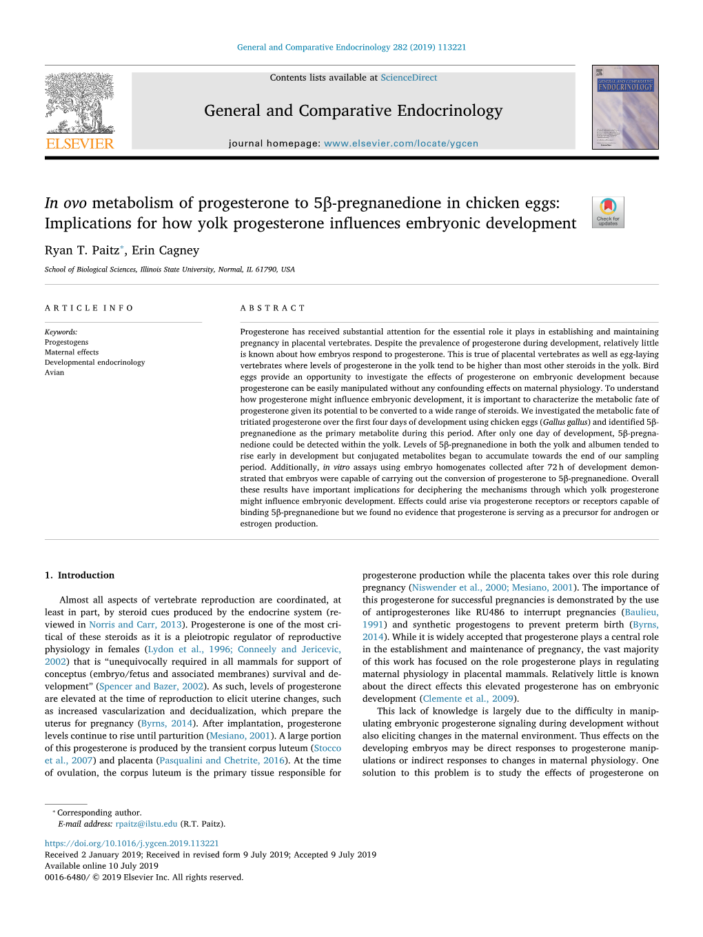 In Ovo Metabolism of Progesterone to 5Β-Pregnanedione in Chicken Eggs: Implications for How Yolk Progesterone Inﬂuences Embryonic Development T ⁎ Ryan T