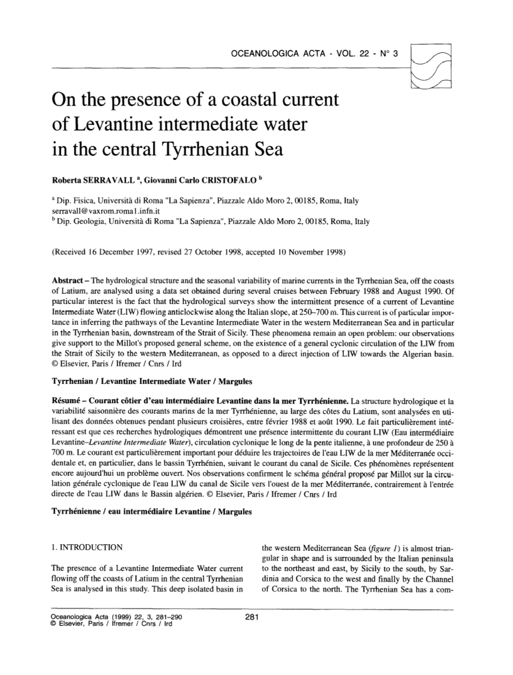 On the Presence of a Coastal Current of Levantine Intermediate Water in the Central Tyrrhenian Sea