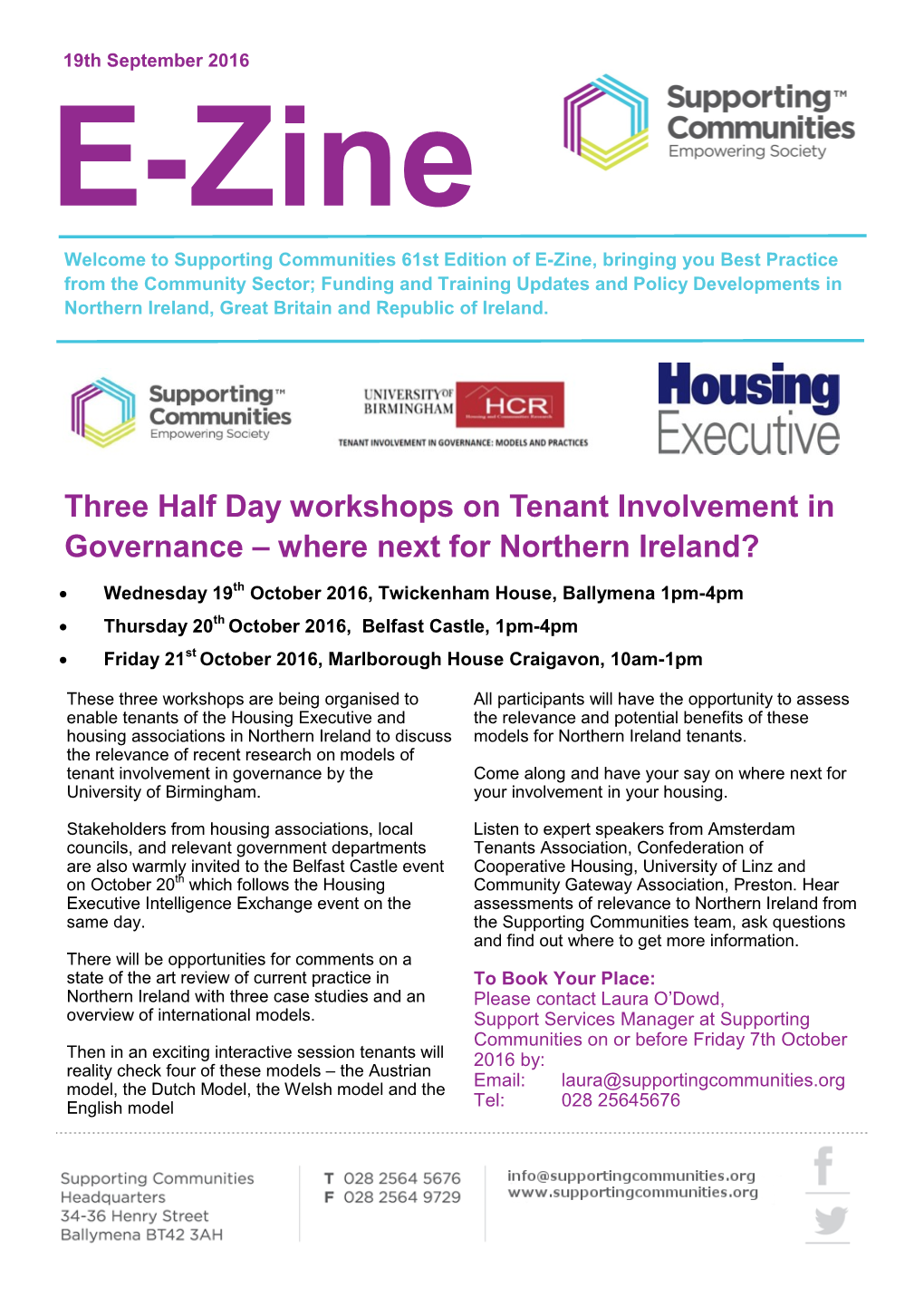 Three Half Day Workshops on Tenant Involvement in Governance – Where Next for Northern Ireland?