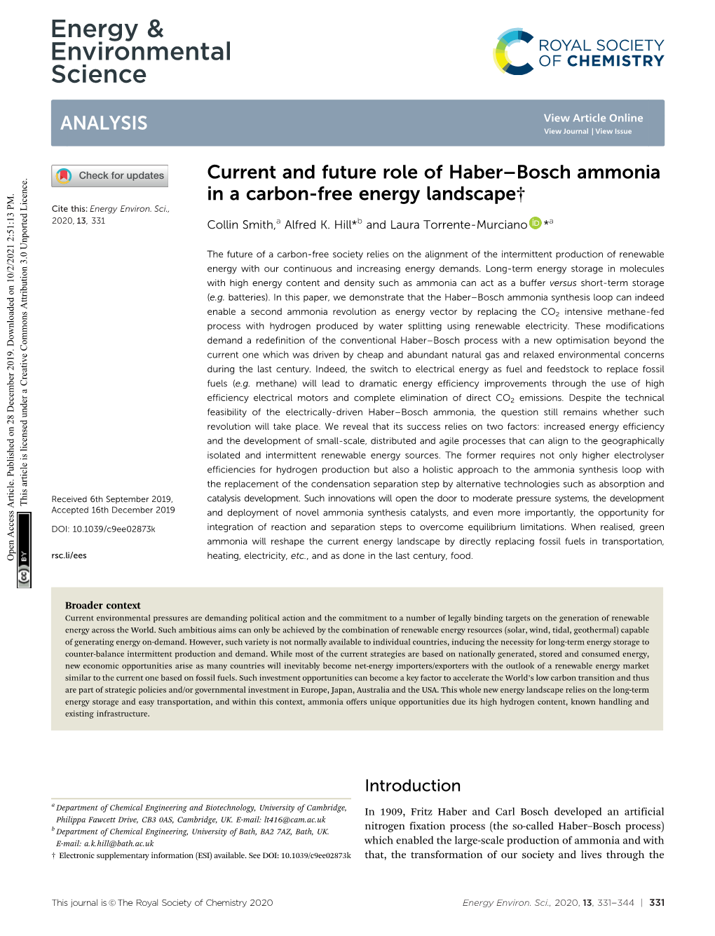 Bosch Ammonia in a Carbon-Free Energy Landscape† Cite This: Energy Environ