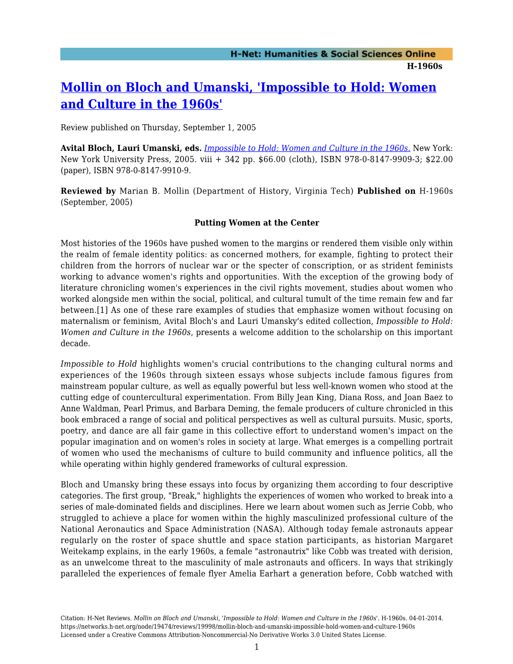 Mollin on Bloch and Umanski, 'Impossible to Hold: Women and Culture in the 1960S'