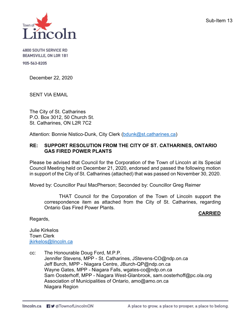 Town of Lincoln – Endorsement of Council Motion Re