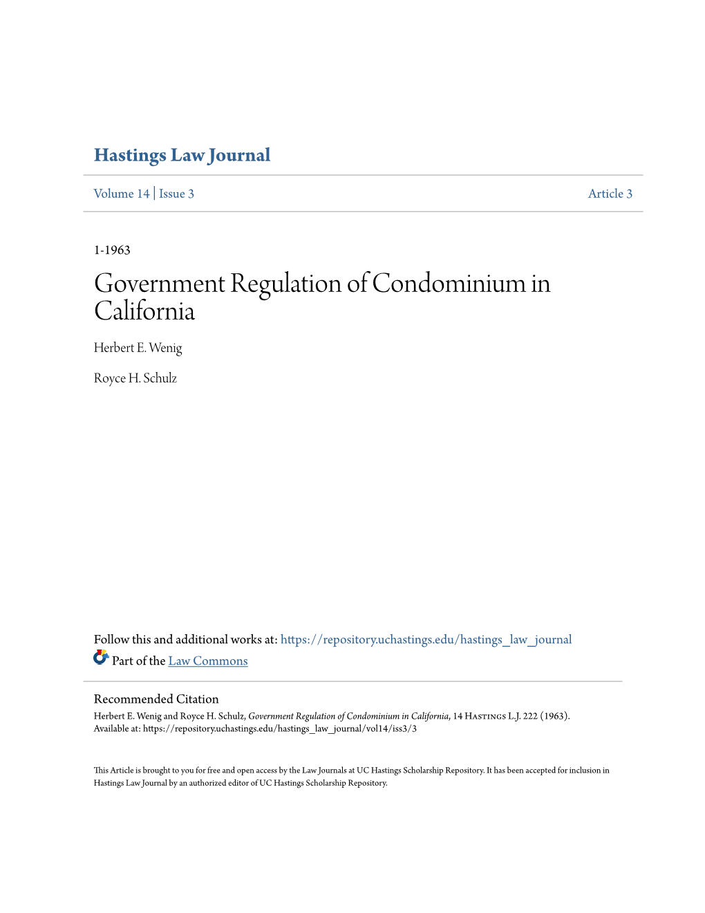 Government Regulation of Condominium in California Herbert E